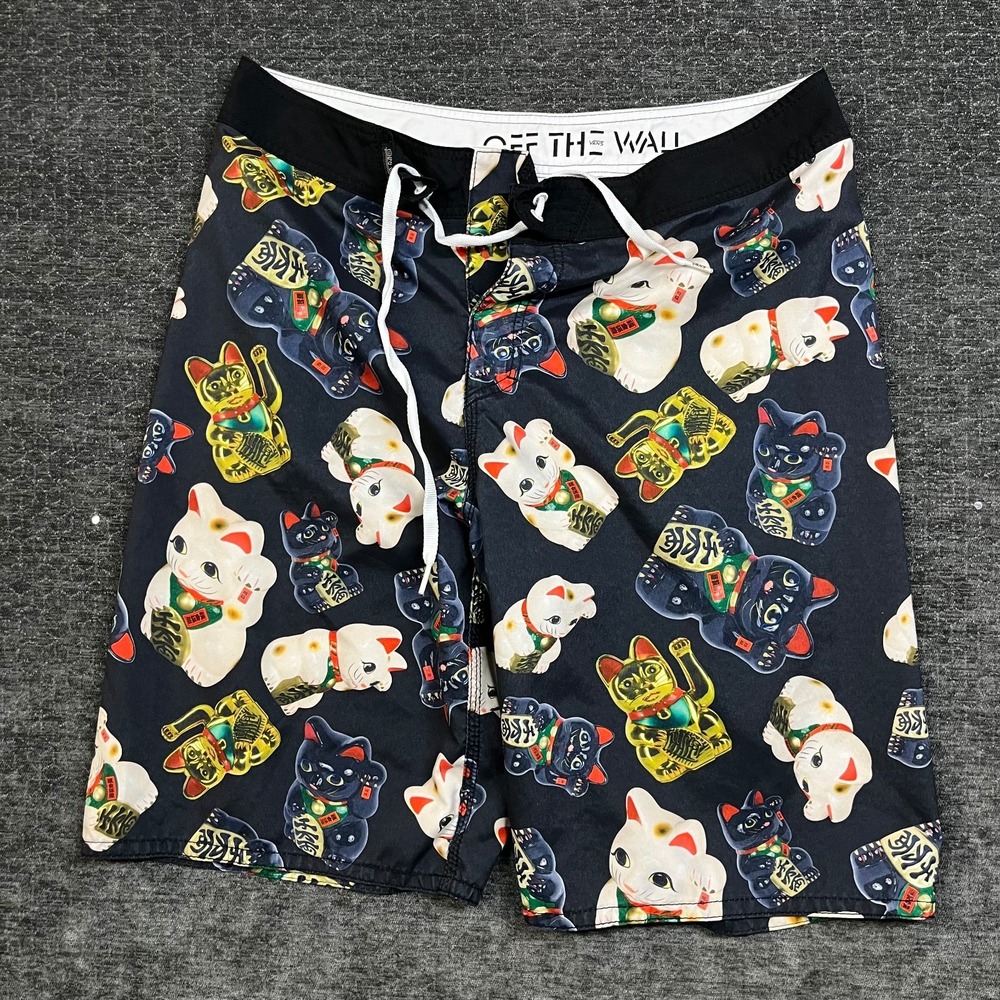 Vans Board Shorts Mens 34 Black Good Lucky Cat Maneki Neko Drawstring Beach